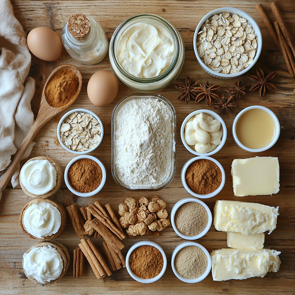A clean, bright wooden surface arranged with the main ingredients for gingerbread oatmeal cream pies: piles of all-purpose flour in a white ceramic bowl, a small glass jar filled with golden molasses, a wooden spoon heaped with rolled old-fashioned oats, small white ramekins containing ground ginger, cinnamon, nutmeg, cloves, baking soda, kosher salt, and finely packed brown sugar and granulated sugar; two sticks of unsalted butter at room temperature, one partially sliced, a fresh whole egg, a small glass bottle of pure vanilla extract with a cork top, a bowl of smooth cream cheese frosting shaded creamy white with visible texture, and a small cup of heavy cream; the spices arranged in neat clusters highlighting their warm earthy tones of amber, cinnamon brown, and soft beige; rustic wooden utensils and a delicate linen napkin subtly placed to add warmth and natural texture; soft natural light casting gentle shadows to emphasize the contrast and textures of powders, crystals, and creamy butter; a cozy, inviting color palette of warm browns, soft creams, and muted golds; perfect harmony between rustic charm and refined presentation—overhead shot, top down view, flat lay photography, professional food styling --ar 1:1 --q 2 --s 750 --v 6.1