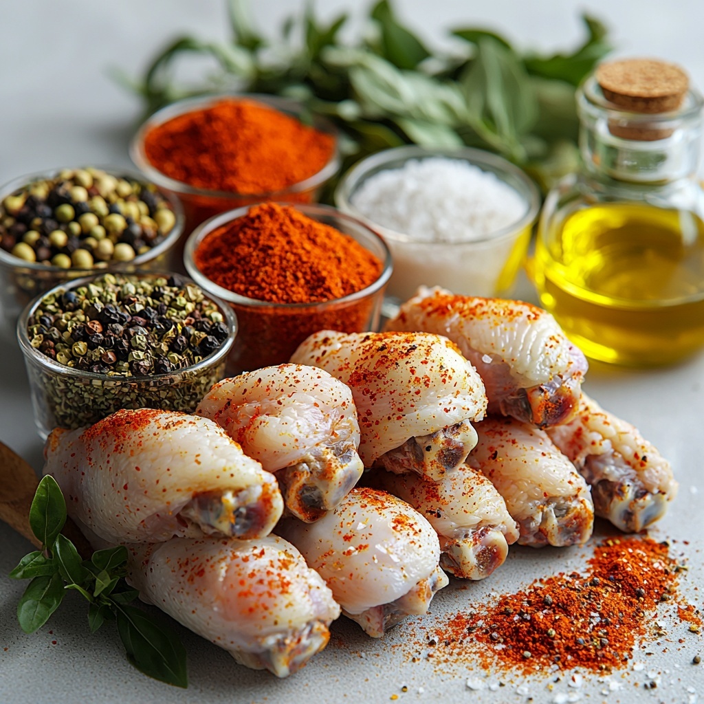 2 lbs raw chicken drumsticks arranged in a neat cluster displaying their pale pink skin and plump texture, small glass bowls containing vibrant red paprika powder, earthy brown garlic powder, light beige onion powder, green dried oregano flakes, coarse white salt, speckled black pepper, and bright red cayenne pepper, a small clear dish of golden olive oil with a slight sheen, all meticulously spread out on a clean white matte surface, natural soft lighting highlighting the subtle shadows and textures, fresh sprigs of oregano casually placed for a pop of green color, a rustic wooden spoon resting beside the spice bowls to add warmth and authenticity, minimalistic and tidy composition emphasizing the contrast of colors and textures, overhead shot, top down view, flat lay photography, professional food styling --ar 1:1 --q 2 --s 750 --v 6.1