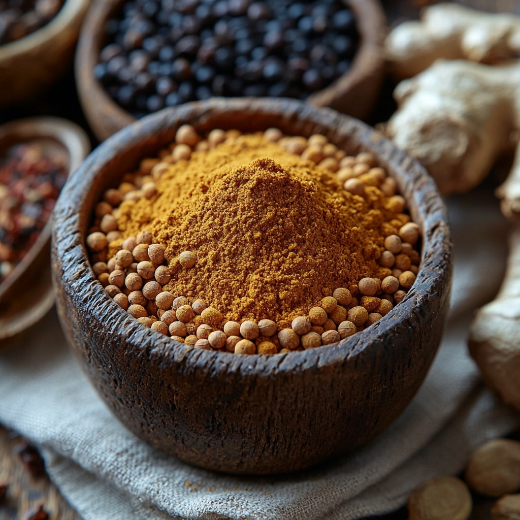 powdered cacao in a small rustic bowl with deep rich brown color and fine texture, vibrant bright yellow turmeric powder heaped neatly on a white ceramic spoon, warm warm reddish-brown ground cinnamon in a small wooden scoop, earthy golden ground ginger scattered gently on a linen napkin, dark black ground cumin seeds in a tiny glass jar showing their texture, coarse ground black peppercorns in a small dish, a delicate sprinkle of bright red cayenne powder on a minimalist white plate, all ingredients arranged harmoniously on a clean light wooden surface with subtle natural light casting soft shadows, styled with a neutral beige linen cloth and vintage silver spoons to add warmth and authenticity, crisp focus capturing the varied textures and rich colors, overhead shot, top down view, flat lay photography, professional food styling --ar 1:1 --q 2 --s 750 --v 6.1