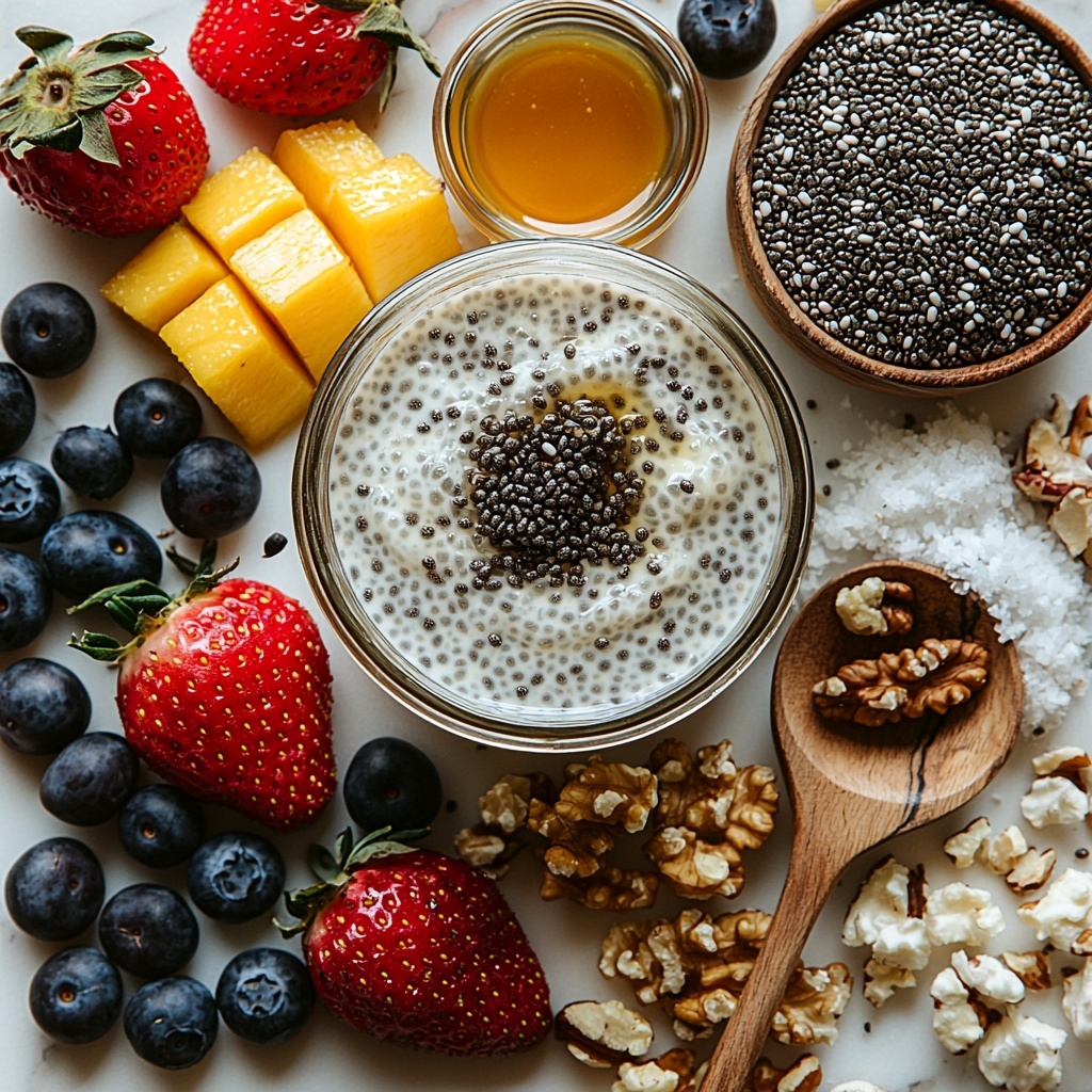 A clean white or light wooden surface with all the main ingredients of coconut chia pudding arranged neatly: a can of light coconut milk with the lid off showing creamy white liquid, a small glass bowl filled with glossy black chia seeds, a wooden spoon with golden maple syrup drizzled on it, a small clear dish containing pure vanilla extract with a rich amber hue, and a tiny ceramic ramekin holding fine kosher salt. Scattered around are fresh fruit slices like vibrant red strawberries, deep blue blueberries, and bright orange mango pieces, plus a small handful of mixed nuts with varied browns and textures for added visual interest. Soft natural light highlights the creamy, smooth, and slightly textured elements, creating gentle shadows and emphasizing the freshness and purity of each ingredient. The composition is balanced with negative space to keep it airy and inviting, styled for an elegant yet approachable breakfast scene. Overhead shot, top down view, flat lay photography, professional food styling --ar 1:1 --q 2 --s 750 --v 6.1