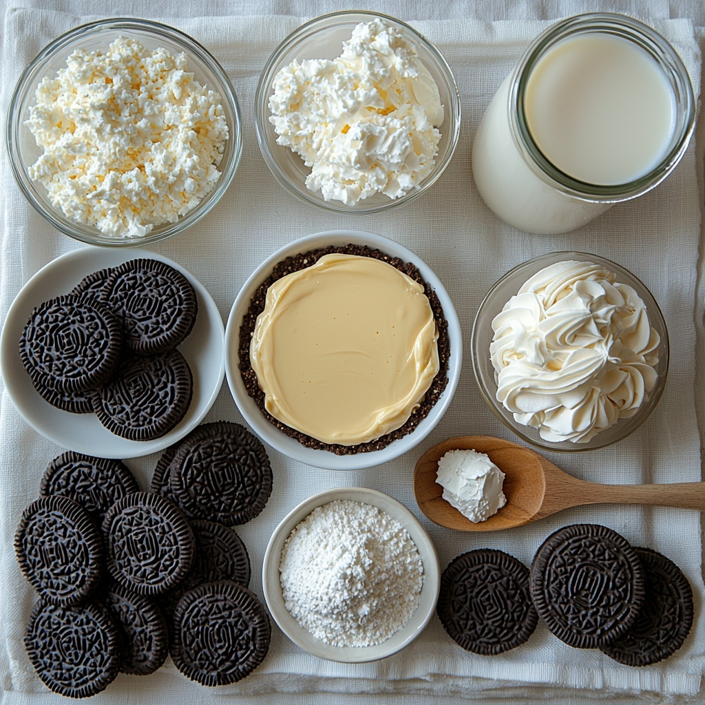 A flat lay of the main ingredients for a no bake peanut butter pie, arranged neatly on a clean white surface: a whole package of Oreo cookies in black and white, a small pile of finely crushed Oreo crumbs with a silver spoon resting beside them, a small glass bowl of melted golden butter catching the light, a pristine bowl of fluffy white Cool Whip showing airy texture, a smooth block of softened cream cheese on a small white plate, a dollop of creamy light brown peanut butter in a clear glass ramekin, a delicate mound of fine white powdered sugar on a ceramic dish, a sealed package of instant chocolate pudding mix in rich dark brown packaging, and a tall glass of cold milk reflecting soft light. The ingredients are spaced with breathing room, styled with minimal rustic props like a wooden spoon and a linen napkin folded elegantly nearby. Natural, diffused lighting enhances the creamy textures and contrasts of dark Oreo crumbs and light dairy elements, with subtle shadows for depth. overhead shot, top down view, flat lay photography, professional food styling --ar 1:1 --q 2 --s 750 --v 6.1