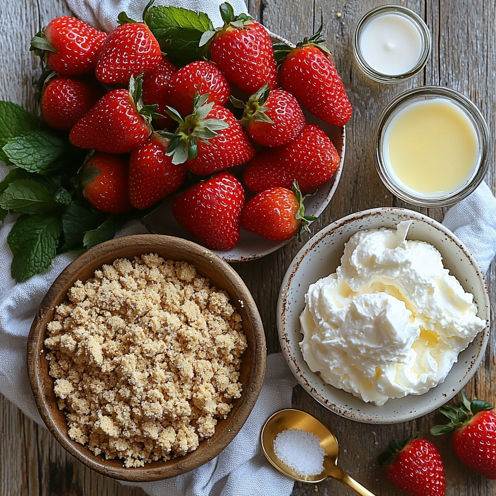 graham cracker crumbs in a small rustic bowl with some crumbs gently spilled around, a small glass bowl of granulated sugar next to it, a tiny bottle of vanilla extract with a vintage label, a melted golden butter pool on a small white saucer, a cluster of 10 fresh, vibrant red strawberries sliced neatly and fanned out on a white ceramic plate, an elegant bowl of smooth, creamy softened cream cheese with a silver spoon dipped in, powdered sugar in a fine mesh sieve dusted lightly nearby, a small clear glass bowl of lemon juice reflecting light, a fluffy mound of whipped heavy cream in a glass mixing bowl showing soft peaks, a small bowl with bright pink strawberry Jello powder, and a cool, airy white bowl of Cool Whip with a glossy surface — all arranged symmetrically on a clean, matte white wooden surface with soft natural light casting gentle shadows, fresh and inviting colors highlighting textures from crumbly to creamy, minimalistic and airy styling with a few sprigs of fresh mint leaves and a delicate linen napkin on the side, overhead shot, top down view, flat lay photography, professional food styling --ar 1:1 --q 2 --s 750 --v 6.1