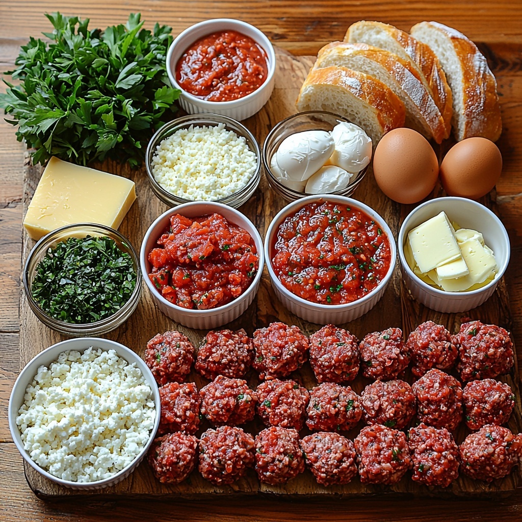high-quality ingredients for Italian Meatball Subs arranged on a clean, light wooden surface: raw ground beef in a small bowl showing rich red and marbled fat textures, small white bowl with coarse salt, a tiny bowl with cracked black pepper, another bowl with fine garlic powder, a fresh large brown egg cracked open beside halved shell, a small heap of golden panko bread crumbs, a small white dish filled with freshly grated pale yellow Parmesan cheese, bright green diced fresh Italian parsley scattered next to a small pile, a rustic white bowl of vibrant red marinara sauce with visible herbs and tomato chunks, shredded white mozzarella cheese loosely piled on a dark plate, four sliced French bread or sub rolls with a golden crust arranged in a neat row, softened yellow butter in a small glass dish with a butter knife, all items spaced artfully with some fresh parsley leaves sprinkled around for color contrast, natural soft daylight casting gentle shadows, minimalistic and bright composition, clean and sharp focus, overhead shot, top down view, flat lay photography, professional food styling --ar 1:1 --q 2 --s 750 --v 6.1