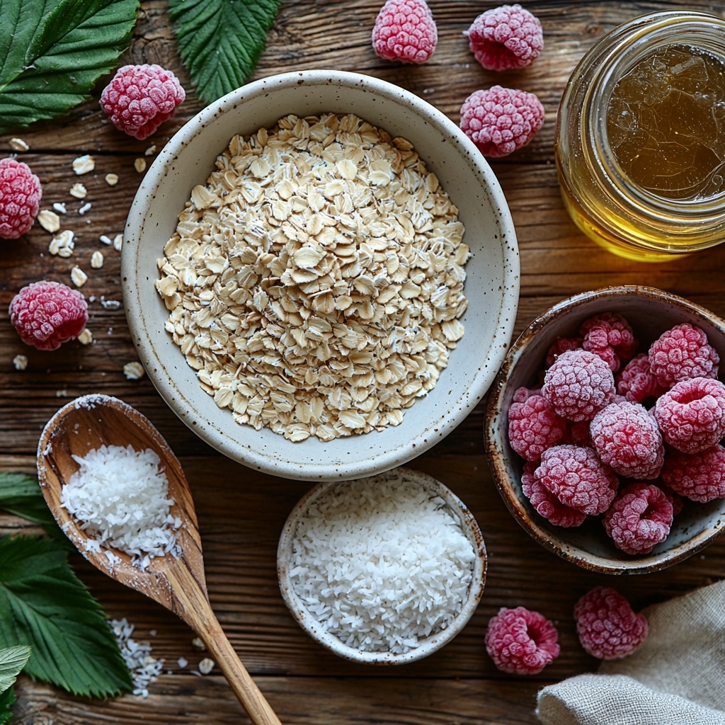 Rolled oats in a small white ceramic bowl, a wooden spoon resting beside it; a small glass jar of golden ground flaxseed with a tiny wooden scoop; a neat mound of fine almond flour on a clean white plate; a heap of fluffy shredded coconut in a small rustic bowl and scattered lightly around; a shallow dish containing melted coconut oil with a glistening surface; a small clear glass bowl filled with amber-colored agave nectar catching the light; vibrant frozen raspberries piled on a simple ceramic dish, some frosted with delicate ice crystals; all ingredients arranged artfully on a smooth pale wooden surface with natural daylight casting soft shadows, subtle green leaves and a linen napkin adding fresh texture and warmth, minimalistic and clean styling, colors bright and natural emphasizing textures from powdery flour to juicy raspberries overhead shot, top down view, flat lay photography, professional food styling --ar 1:1 --q 2 --s 750 --v 6.1