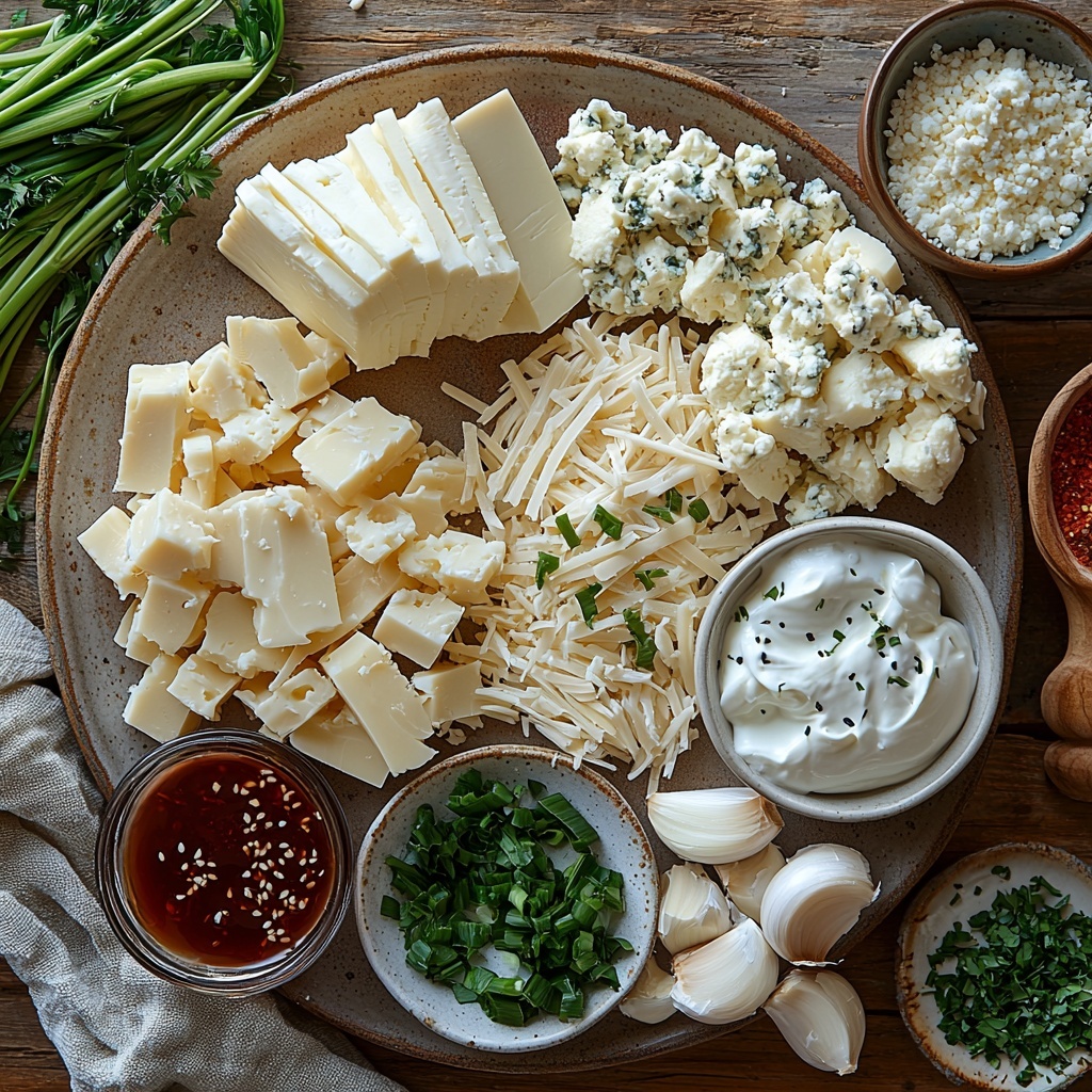 young green jackfruit pieces shredded and whole, cream cheese block at room temperature, small bowl of smooth sour cream, shredded mozzarella and shredded sharp cheddar cheeses in neat piles, finely chopped white and light green parts of green onion in a small dish, dried parsley and onion powder sprinkled lightly on a wooden spoon, two minced garlic cloves on a white ceramic spoon, small glass bowl of vibrant red Frank’s Red Hot Sauce, tiny dish with fine sea salt, a drop of soy sauce on a porcelain spoon, scattered blue cheese crumbles, sliced green onion rings arranged artistically, a drizzle of hot sauce swirled on a neutral-toned plate, all ingredients laid out on a clean light wooden surface with soft natural light enhancing the varied textures and fresh colors, subtle shadows adding depth, minimalistic rustic style, overhead shot, top down view, flat lay photography, professional food styling --ar 1:1 --q 2 --s 750 --v 6.1