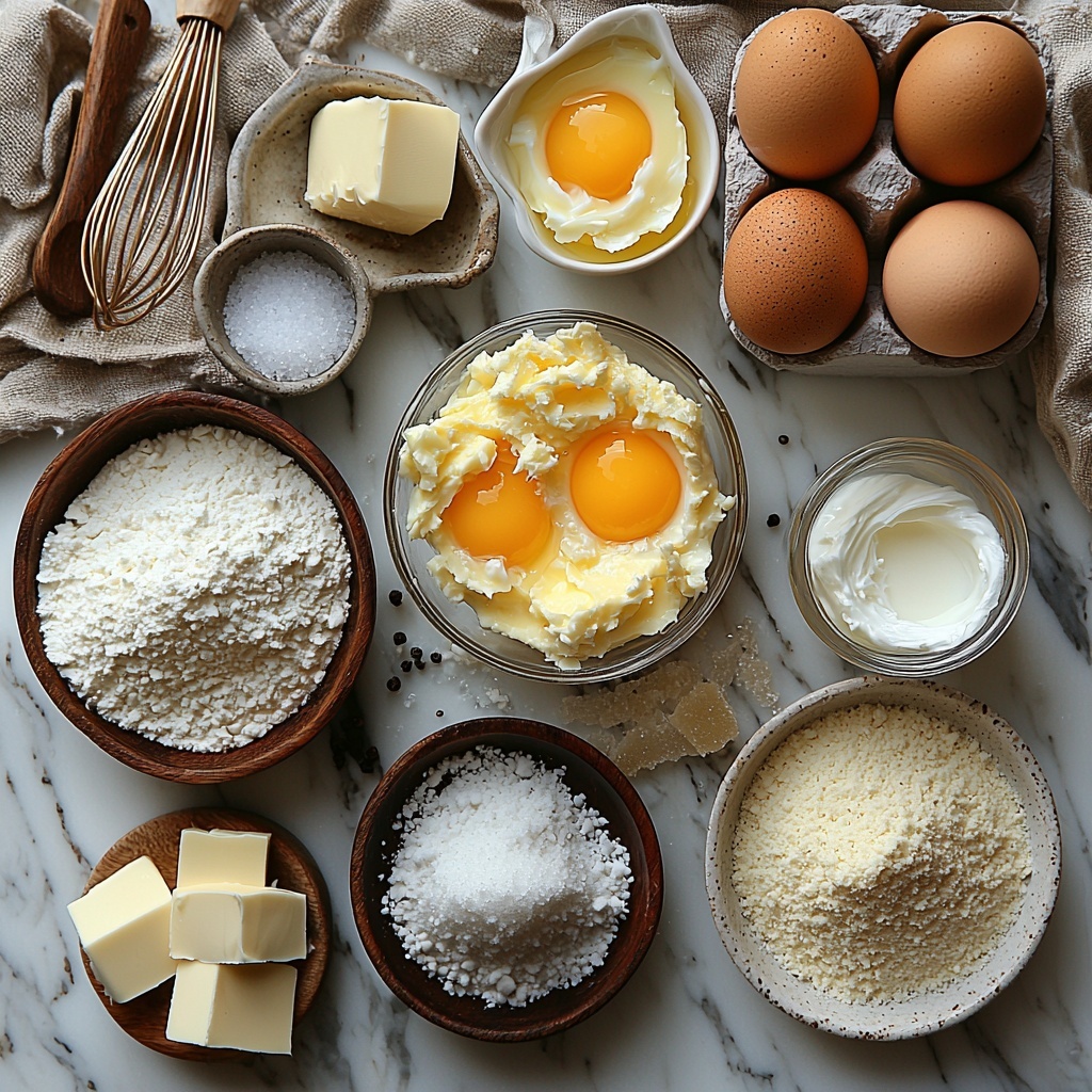 Egg yolks in a small glass bowl showing their glossy, golden texture; granulated sugar scattered neatly in a small white ceramic dish, fine crystals sparkling in the light; a small heap of pale white cornstarch on a minimalist matte white plate; a tiny pinch of fine sea salt displayed in a miniature clear glass container; a sleek measuring cup filled with creamy whole milk, its smooth surface reflecting natural light; a stick of salted butter resting on parchment paper, its pale yellow color and soft texture visible; a small glass jar of rich, dark vanilla bean paste with visible specks; a chilled bowl of heavy whipping cream showcasing its thick, silky texture; powdered sugar sifted into a delicate mound on a fine mesh sieve; gelatin powder in a tiny white ramekin next to a tablespoon of clear cold water in a glass measuring spoon. All ingredients are arranged thoughtfully on a clean white marble surface with soft natural light streaming from one side, casting gentle shadows to enhance textures. Subtle props like a vintage whisk, a wooden spoon, and a linen napkin in muted beige add understated warmth without overpowering. The composition balances full bowls, small heaps, and scattered ingredients in a harmonious, inviting layout with plenty of negative space for a fresh, elegant feel. Overhead shot, top down view, flat lay photography, professional food styling --ar 1:1 --q 2 --s 750 --v 6.1