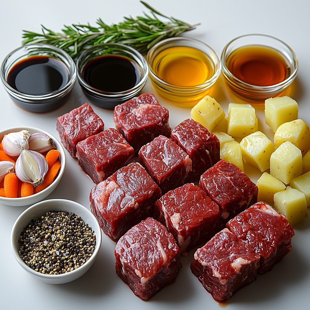 3-4 pounds raw chuck roast, glossy and marbled rich red meat; small glass bowls filled with dark, glossy balsamic vinegar and thick golden honey; minced garlic cloves scattered near a wooden spoon; a small dish holding soy sauce with a smooth, dark sheen; dried rosemary sprigs, needle-like and greenish-gray; coarse grains of salt and cracked black pepper in miniature white ceramic bowls; a small pool of vibrant golden olive oil in a shallow dish; thinly sliced pale purple onion rings arranged in a delicate fan; bright orange carrot chunks forming a small neat pile; cubed light yellow potatoes placed adjacent; fresh parsley leaves vibrant green accents, slightly dewy; all ingredients thoughtfully spaced on a clean, matte white surface that enhances the natural colors and textures; soft natural light casting gentle shadows, highlighting the glossy and rugged textures of the meat and vegetables, styled to evoke rustic, approachable home cooking warmth, overhead shot, top down view, flat lay photography, professional food styling --ar 1:1 --q 2 --s 750 --v 6.1