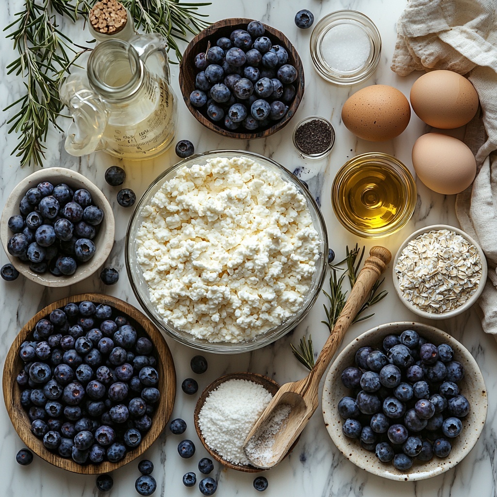 a beautifully arranged flat lay of ingredients for blueberry cottage cheese muffins on a clean white marble surface, featuring a neat mound of pale all-purpose flour next to a small heap of fine granulated sugar, a rustic wooden spoon filled with light brown ground cinnamon, and small ceramic bowls holding baking powder, baking soda, and salt with delicate textures visible; a glass bowl with creamy, lumpy white cottage cheese alongside a clear glass measuring cup filled with smooth, pale milk, a small bottle of golden vegetable oil with a slight sheen, two large fresh brown eggs with smooth shells, and a small dish of amber vanilla extract; scattered fresh plump blueberries with deep blue and purple hues add vibrant color and freshness, all items thoughtfully spaced and balanced for visual harmony, natural soft daylight enhancing the variety of textures and colors, minimal shadows, subtle linen napkin folded gently in the corner, rustic wooden cutting board edge peeking in for warmth and depth, overhead shot, top down view, flat lay photography, professional food styling --ar 1:1 --q 2 --s 750 --v 6.1