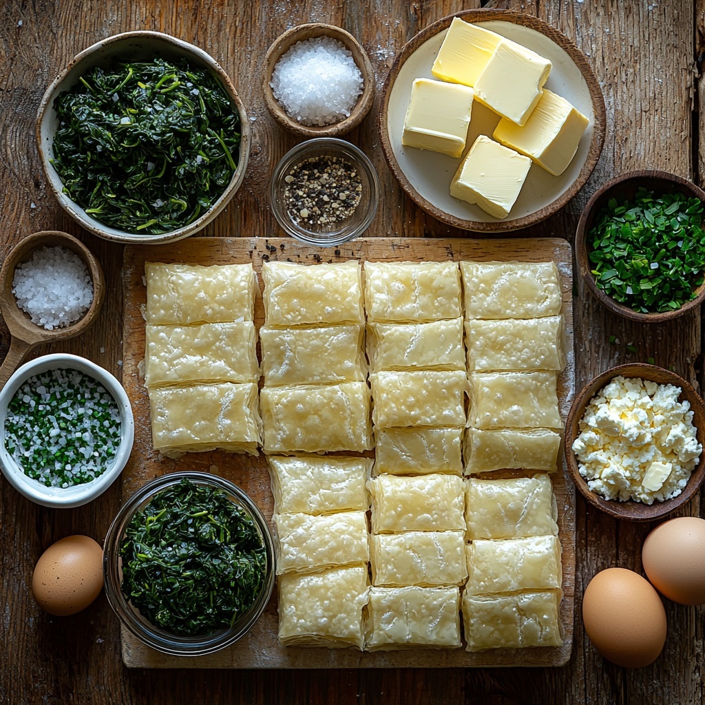 A clean, bright surface arranged with the main ingredients of spinach puff pastry bites: a small square slab of golden, flaky puff pastry lightly dusted with flour; a small glass bowl of vibrant green thawed chopped spinach, slightly moist; a rustic wooden bowl filled with finely diced translucent onion; a white ceramic dish holding three peeled, plump garlic cloves; a small heap of bright fresh parsley leaves, finely chopped, vivid green; a delicate mound of crumbly white feta cheese on a white plate; a small ramekin filled with finely grated pale yellow Parmesan cheese; two fresh brown eggs with smooth shells, one cracked open beside the bowl; a small pat of creamy butter on a wooden board; pinch bowls holding coarse salt and freshly ground black pepper; all elements spaced with intentional breathing room, balanced to emphasize contrasting textures – flaky pastry, soft spinach, crumbly cheeses, and fresh herbs — styled with soft natural light casting gentle shadows, slight rustic props like a small wooden spoon and neutral linen napkin, bright, airy, clean, minimal background, warm and inviting tones, overhead shot, top down view, flat lay photography, professional food styling --ar 1:1 --q 2 --s 750 --v 6.1