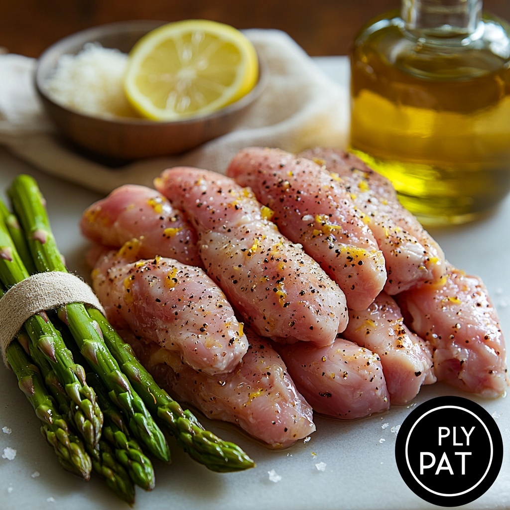 Sheet pan lemon chicken and asparagus ingredients flat lay: raw chicken tenders pink and plump, fresh green asparagus spears tied in a neat bunch, bright yellow lemon rounds sliced thin with visible juicy texture, small bowl of coarse kosher salt crystals, clear glass bottle of golden olive oil with light reflections, small dish with lemon pepper spice mix showing flecks of black and yellow, delicate ivory parmesan cheese shavings scattered artfully, all arranged on a clean white marble surface. Natural daylight illuminating textures, soft shadows adding depth, rustic wooden-handled knife and linen napkin subtly placed for styling accents. Overhead shot, top down view, flat lay photography, professional food styling --ar 1:1 --q 2 --s 750 --v 6.1