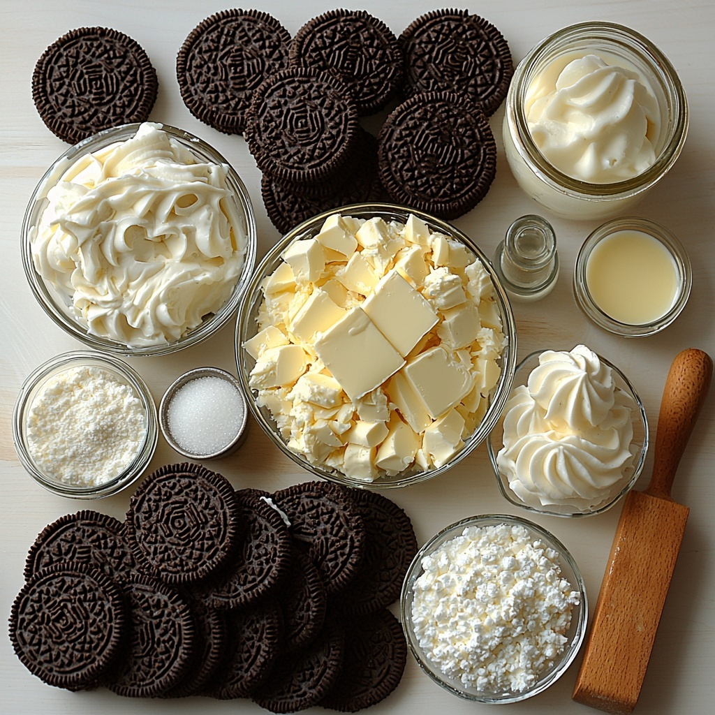 14 whole Oreos (some stacked, some broken to reveal cream center), 5 Oreos finely chopped in a small glass bowl showing crumbly texture, 9 Oreos crushed into fine dark crumbs scattered in a ceramic bowl mixed with glossy melted golden salted butter, a small ramekin with smooth melted butter glistening, a glass measuring cup filled with thick, white heavy cream, a bowl of soft, creamy off-white cream cheese with a spoon showing its silky texture, a small dish of granulated white sugar sparkling under light, a tiny glass vial or bottle of vanilla extract with amber liquid inside, and a dollop of fluffy white whipped cream in a small bowl with soft peaks. All ingredients carefully arranged on a clean, bright white surface with soft natural lighting highlighting the contrasting dark brown and black Oreo crumbs against the creamy, white dairy elements. Minimal shadows, slight texture contrast on the table surface, and subtle props like a sleek silver spoon and a rustic wooden rolling pin placed artfully off to the side to add warmth and context. Overhead shot, top down view, flat lay photography, professional food styling --ar 1:1 --q 2 --s 750 --v 6.1