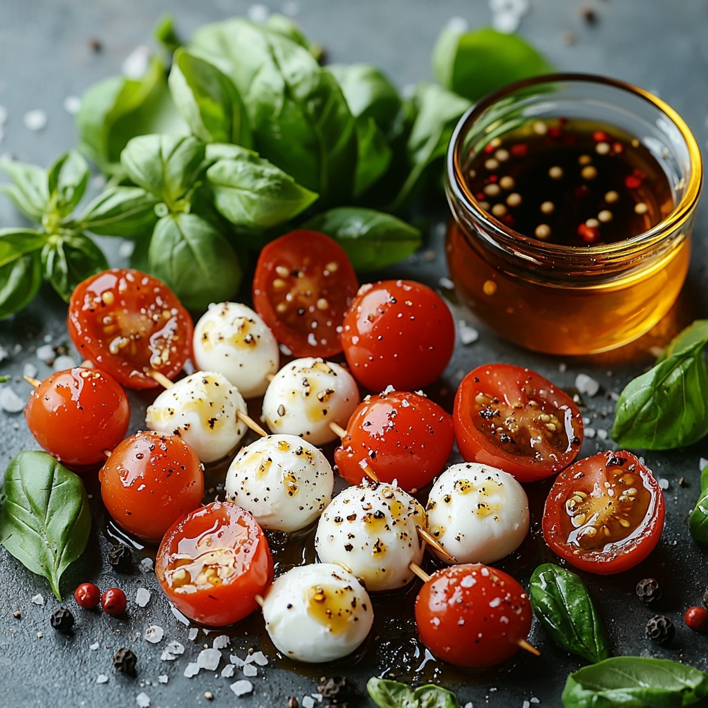 24 halved bright red cherry tomatoes with glistening juicy interiors, 24 smooth, glossy white mini mozzarella pearls (bocconcini), 24 vibrant fresh green basil leaves with delicate veins, a small clear glass bowl of dark amber balsamic vinegar mixed with golden honey syrup, a pinch bowl of coarse sea salt crystals, scattered freshly cracked black peppercorns, a drizzle of rich extra-virgin olive oil pooling slightly on a pristine white ceramic surface, short light wooden skewers neatly aligned in a row, all ingredients thoughtfully spaced to highlight their contrasting colors and textures—juicy, smooth, leafy, and rustic—styled with soft natural lighting emphasizing freshness and vibrant colors, subtle shadows adding depth, clean minimalistic background, overhead shot, top down view, flat lay photography, professional food styling --ar 1:1 --q 2 --s 750 --v 6.1