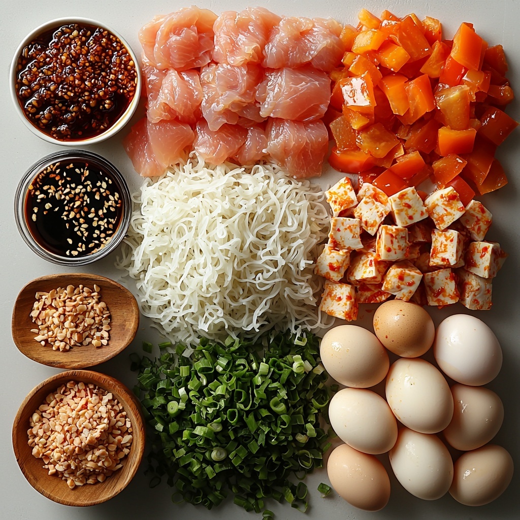 A clean white surface with all Pad Thai ingredients carefully arranged in an artful flat lay: a small pile of translucent soaked rice noodles with smooth, slightly glossy texture; two raw boneless chicken breasts diced into bite-sized pieces, pale pink and fresh; a small bowl of dark reddish-brown tamarind paste next to a glossy bowl of deep amber low-sodium soy sauce; a small dish of shiny, amber fish sauce; a rustic wooden spoon filled with golden brown sugar crystals; two bright, slightly glossy eggs with smooth shells; a heap of vibrant red and yellow sliced bell peppers showing crisp texture; a fresh bundle of crunchy white bean sprouts with green tips; and a scattering of chopped green onions with vivid green hues. Natural soft lighting highlights the varied textures and rich colors, with subtle shadows adding depth. The arrangement is balanced and uncluttered, showcasing each ingredient distinctly for a harmonious and inviting composition. Overhead shot, top down view, flat lay photography, professional food styling --ar 1:1 --q 2 --s 750 --v 6.1