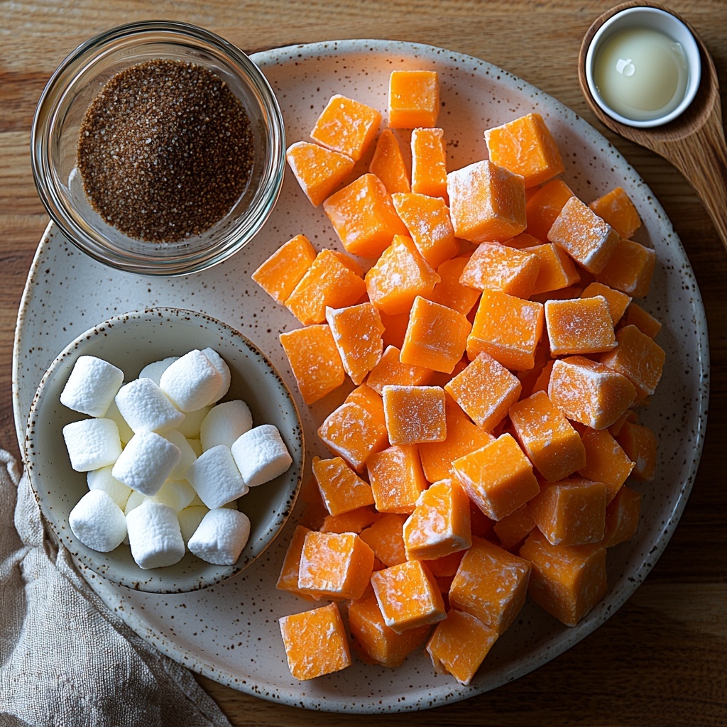 8 tbsp unsalted butter chunks arranged in a small rustic bowl, peeled and diced sweet potatoes in irregular orange cubes spread loosely on a clean white ceramic plate, a small glass bowl filled with dark golden brown sugar, a small transparent cup with clear water, mini marshmallows scattered lightly in a tiny white bowl showing their soft, pillowy texture, a heap of fine salt crystals and a few ground black peppercorns in small white ramekins, a cracked egg white in a shallow clear glass dish with a subtle glossy sheen, a pinch of warm brown ground cumin in a delicate ceramic spoon. All ingredients carefully spaced on a smooth, matte cream-colored surface with natural soft lighting highlighting the varied colors and textures — warm orange, creamy white, golden brown, and soft pastels — styled with minimal rustic kitchen props like a wooden spoon and linen napkin to enhance homely, old-fashioned charm. Overhead shot, top down view, flat lay photography, professional food styling --ar 1:1 --q 2 --s 750 --v 6.1