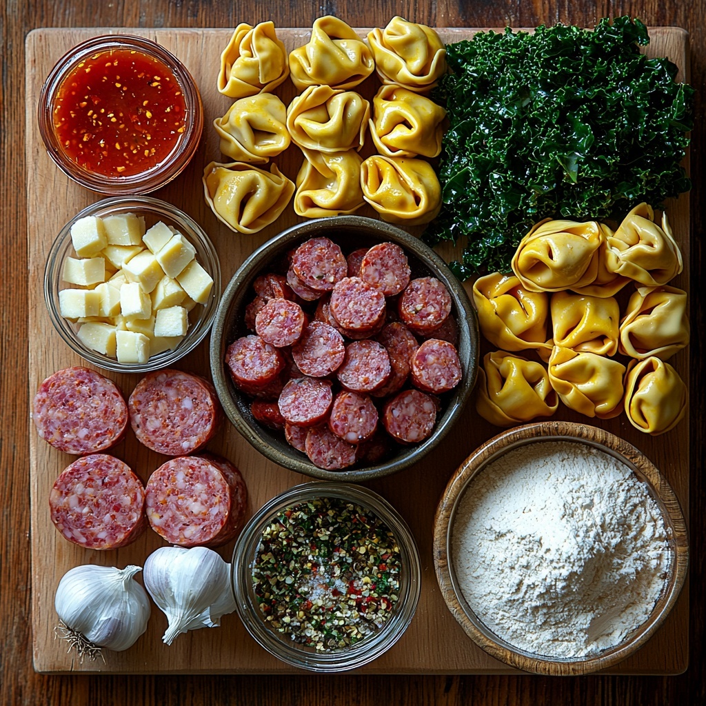 A clean light wooden surface neatly arranged with the main ingredients for Sausage Tortellini Soup: a rustic bowl of raw ground Italian sausage showcasing its marbled pink and white texture; a small yellow onion diced into neat cubes; three cloves of garlic, peeled and whole with papery skins slightly peeled back; a small glass bowl of white flour with a soft, powdery texture; small piles of dried herbs – vibrant green basil flakes and muted oregano; tiny piles of cayenne powder and red pepper flakes in rich reds and oranges; a small jar of bright red hot sauce with a glossy surface; a small heap of pale yellow mustard powder; a fine grind of black pepper scattered lightly nearby; a smooth white ceramic cup filled with creamy heavy cream; a clear measuring cup with golden chicken broth; fresh bright green chopped kale with textured curly leaves; and a heap of fresh, plump refrigerated tortellini, pale creamy dough folded in little parcels. All ingredients are spaced evenly with natural soft lighting highlighting the varied textures and vivid colors, with subtle shadows adding depth. The composition feels balanced and inviting, styled for an overhead shot, top down view, flat lay photography, professional food styling --ar 1:1 --q 2 --s 750 --v 6.1