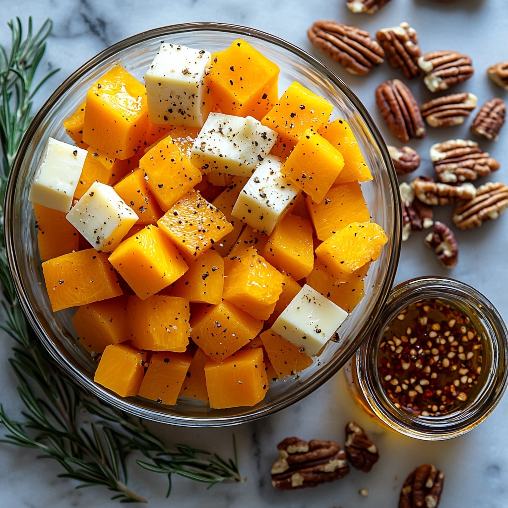 medium butternut squash peeled and cubed in vibrant orange chunks, small glass bowl with golden olive oil, sprinkling of coarse salt crystals and cracked black peppercorns scattered lightly, wedges of creamy white brie cheese with soft rinds, handful of toasted pecans with deep brown, glossy texture, small jar of amber hot honey with visible red chili flakes suspended inside, fresh sprigs of green thyme and rosemary placed artfully, all ingredients arranged neatly on a clean white marble surface with soft natural light highlighting rich autumn colors and contrasting textures, subtle shadows for depth, minimalistic rustic styling with a warm inviting atmosphere, overhead shot, top down view, flat lay photography, professional food styling --ar 1:1 --q 2 --s 750 --v 6.1