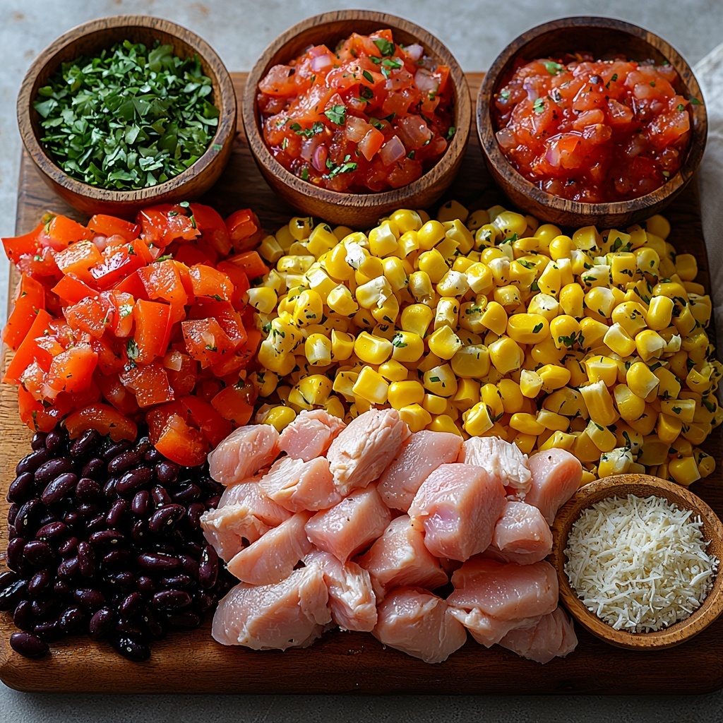 2 lbs raw chicken breasts, fresh and pale pink, placed neatly in one corner; bright chopped bell peppers in vibrant red, yellow, and green hues arranged in a small mound nearby; finely chopped white and purple onions forming a soft pile; a small bowl of glossy black beans, rinsed and shiny; a pile of golden yellow corn kernels, fresh and plump; a rustic ceramic bowl filled with chunky red salsa speckled with herbs; small wooden spoons holding ground cumin, deep brown chili powder, and light beige garlic powder; a sprinkle of coarse salt and cracked black peppercorns scattered artfully around; a small bowl of shredded cheese with creamy white and pale yellow tones optionally included; all ingredients carefully spaced on a clean, bright white surface with natural light casting soft shadows, emphasizing vivid colors and varied textures; minimal props, natural linen napkin folded casually on the side, fresh ingredients styled to appear fresh and inviting; overhead shot, top down view, flat lay photography, professional food styling --ar 1:1 --q 2 --s 750 --v 6.1