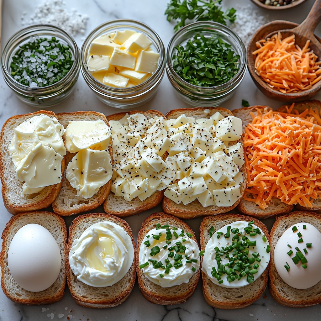 thick-cut bread slices, large fresh eggs in shells, small bowl of shredded cheddar and mozzarella cheese mix with vibrant orange and white hues, smooth butter or creamy mayo in a small glass dish, sprinkling of coarse salt and cracked black pepper in tiny bowls, fresh bright green chopped parsley and chives on a rustic wooden spoon, all neatly arranged on a clean white marble surface with soft natural light creating gentle shadows and highlighting textures—bread showing airy crumb and crust detail, eggs smooth and glossy, cheese fluffy and textured, herbs fresh and vibrant—organized with balanced spacing, slight overlaps for visual interest, minimalistic and inviting composition, overhead shot, top down view, flat lay photography, professional food styling --ar 1:1 --q 2 --s 750 --v 6.1