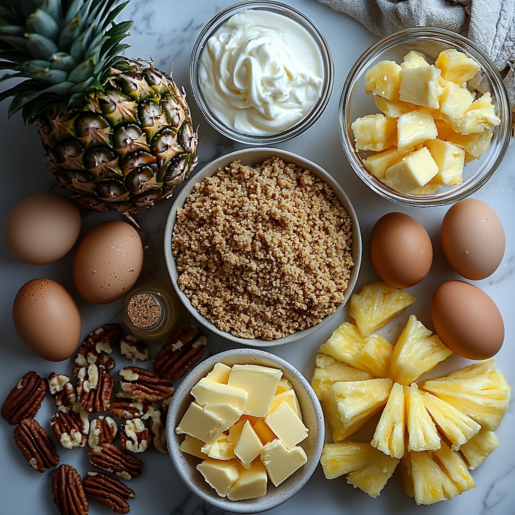 Pineapple upside-down cheesecake ingredients artfully arranged on a clean white marble surface: a small bowl of golden graham cracker crumbs next to a glass measuring cup with melted pale yellow butter, a small heap of granulated white sugar crystals nearby; a block of smooth, creamy white cream cheese softly catching the light, surrounded by fresh whole eggs with warm brown shells; a delicate bowl of thick sour cream with a glossy texture, a tiny glass bottle of clear vanilla extract with a wooden cork; a rustic bowl filled with bright yellow crushed pineapple, next to vibrant chunky pineapple pieces glistening with juice; a small pile of chopped pecans showing rich reddish-brown tones and natural texture; a small bowl or drizzle of melted white chocolate with silky smooth shine. The ingredients are spaced thoughtfully with natural light casting soft shadows, styled with minimal rustic props like a wooden spoon and linen napkin peeking in frame, exhibiting inviting colors and textures that highlight freshness and richness. overhead shot, top down view, flat lay photography, professional food styling --ar 1:1 --q 2 --s 750 --v 6.1