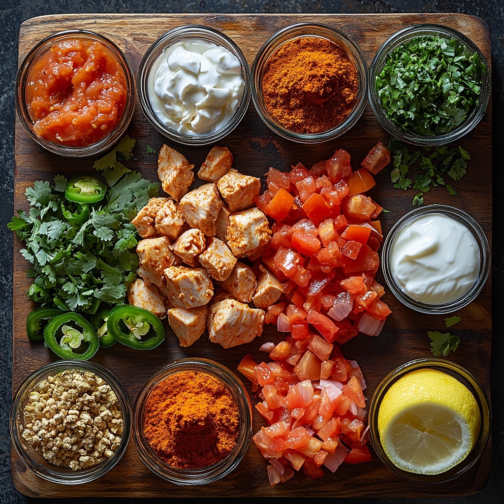 A clean white surface featuring a vibrant flat lay arrangement of slow cooker chicken tikka masala ingredients: a small drizzle of golden olive oil in a glass jar, a halved white onion with some chopped pieces scattered, a bright green jalapeño sliced and finely diced with seeds removed, three peeled garlic cloves and a small pile of minced garlic, a rustic tin can partially opened showing crushed red tomatoes, a small bowl of freshly grated pale yellow ginger, a halved lemon with fresh juice droplets visible, colorful spice powders artfully scooped and sprinkled in neat piles—deep brown garam masala, rich red paprika, bright orange turmeric, warm red cayenne pepper, golden curry powder—with a few cracked black peppercorns and coarse salt crystals nearby, plump raw boneless skinless chicken breasts arranged neatly on a wooden board, a small bowl of creamy white light coconut milk, a dollop of smooth plain Greek yogurt placed in a white ramekin, and a handful of bright green chopped fresh cilantro leaves scattered gently around. The textures range from smooth and creamy to granular spices and fresh herbs, with vivid colors of reds, yellows, greens, and creamy whites creating a harmonious contrast. The composition is balanced, with natural daylight casting soft shadows enhancing the freshness and authenticity of the ingredients. overhead shot, top down view, flat lay photography, professional food styling --ar 1:1 --q 2 --s 750 --v 6.1
