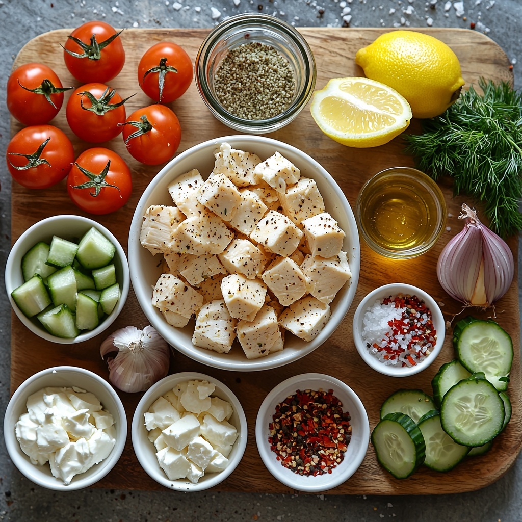 boneless skinless chicken breasts cubed in a small bowl, fresh olive oil in a glass pourer, bright yellow fresh lemon halves and a small bowl of lemon juice, two garlic cloves whole and minced on a wooden board, dried oregano and paprika in small white ceramic bowls, coarse salt and black pepper in tiny rustic dishes, crumbled feta cheese in a white bowl, creamy plain Greek yogurt dolloped beside it, olive oil in a small glass bowl for sauce, fresh chopped dill and parsley finely piled on white dishes, cooked fluffy rice or quinoa in a clear container, vibrant red cherry tomatoes halved on a rustic cutting board, cool diced cucumber in a white ceramic bowl, thinly sliced red onion fanned out on parchment paper, fresh bright green parsley sprigs scattered thoughtfully, natural light casting soft shadows, clean neutral surface background to highlight colors and textures, contrasting rustic and modern elements, elegant and fresh styling with attention to detail, overhead shot, top down view, flat lay photography, professional food styling --ar 1:1 --q 2 --s 750 --v 6.1