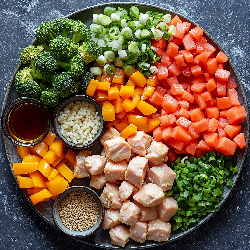 a vibrant flat lay of fresh ingredients for chicken stir fry arranged neatly on a clean white surface: bright red diced bell pepper pieces, thinly sliced orange carrot rounds, vivid green broccoli florets, chopped pale yellow onion, finely grated fresh ginger in a small mound, four peeled garlic cloves, sliced green onion rings, raw boneless skinless chicken breast chunks in pale pink, a small bowl of golden honey, a glass bowl with glossy dark tamari soy sauce, a small bowl with translucent chicken broth, a tiny glass container of amber dry sherry, a drizzle of rich golden avocado oil in a shallow dish, a small dish of light beige cornstarch powder, a tiny bowl of deep brown sesame oil, a small bowl with clear rice vinegar, coarse salt and black pepper mill next to the chicken, a scattering of white and black sesame seeds on a delicate plate, all elements spaced evenly with pops of contrasting color and natural textures visible, soft natural light casting gentle shadows emphasizing freshness and detail, minimalistic styling with rustic ceramic bowls and matte white dishes, overhead shot, top down view, flat lay photography, professional food styling --ar 1:1 --q 2 --s 750 --v 6.1