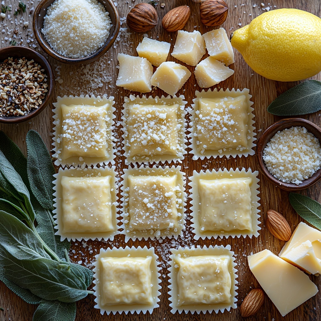 Butter pieces (cut into tablespoons), melted browned butter in a small pan, golden panko breadcrumbs in a small bowl, chopped hazelnuts, fresh sage leaves cut into thin ribbons, minced garlic cloves, fresh lemon wedges or juice in a small bowl, uncooked cheese ravioli arranged neatly, a small bowl with pale yellow pasta water, a pile of finely shredded Pecorino Romano cheese, coarse salt and cracked black pepper in small dishes, all artfully spread out on a clean white or light wooden surface. The colors contrast beautifully: warm golden browns from butter, panko, and nuts; vibrant green sage ribbons; creamy off-white ravioli and cheese; fresh yellow lemon; and translucent pasta water. Textures vary from smooth butter and ravioli to crumbly panko and crunchy nuts. Soft natural light highlights the freshness and detail of each ingredient, with gentle shadows adding depth. Overhead shot, top down view, flat lay photography, professional food styling --ar 1:1 --q 2 --s 750 --v 6.1