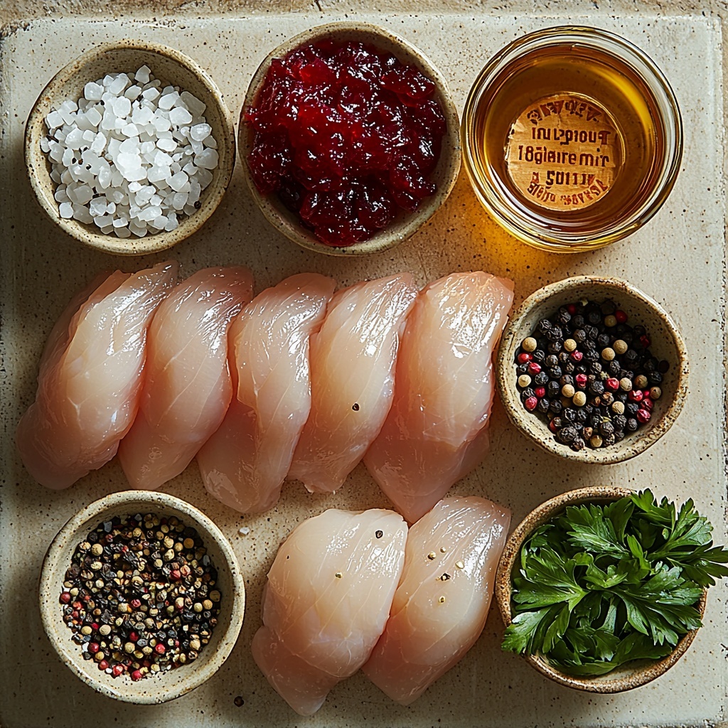 4 boneless, skinless chicken breasts, raw and plump with a pale pink color; small bowls containing deep red jellied cranberry sauce and glossy, orange-hued French dressing; a vintage packet of onion soup mix with rustic lettering, partially opened; a small pile of coarse salt crystals and whole black peppercorns scattered artfully; a sprig of fresh bright green parsley with finely chopped leaves; drizzle of golden nonstick cooking oil in a glass container; all ingredients neatly arranged on a clean, textured light wood surface with natural soft lighting enhancing vibrant colors and highlighting textures; slight shadows adding depth and warmth; composition balanced with space between items to emphasize each element, evoking an inviting and fresh cooking atmosphere—overhead shot, top down view, flat lay photography, professional food styling --ar 1:1 --q 2 --s 750 --v 6.1