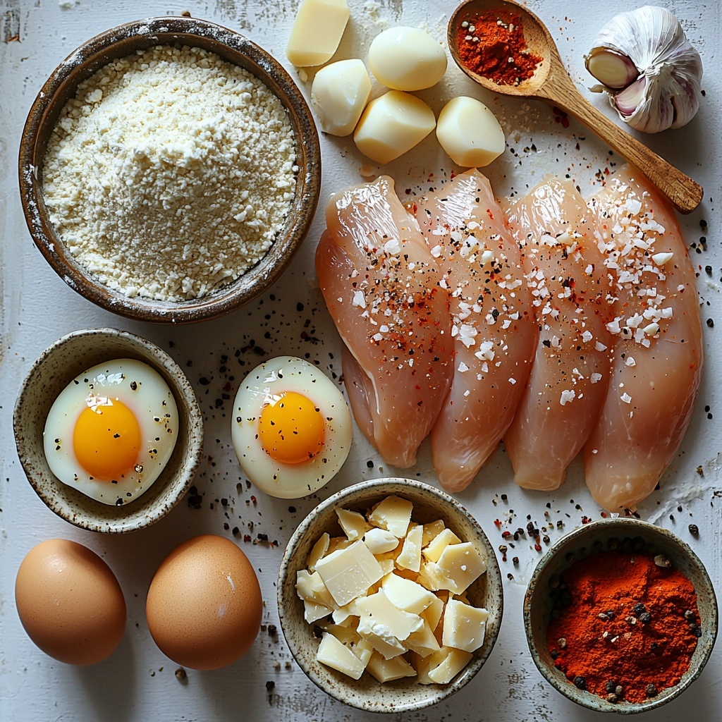 4 boneless skinless chicken breasts raw and plump, arranged neatly on a clean white surface; a small heap of all-purpose flour in a rustic ceramic bowl, soft and powdery texture; two large eggs cracked open in a clear glass bowl, yolks bright yellow and glossy; a large bowl filled with golden panko breadcrumbs mixed with finely minced fresh garlic, showing crumbly texture and tiny white garlic bits; a small pile of shredded mozzarella and cheddar cheese with creamy white and pale orange hues; three whole fresh garlic cloves with papery skins scattered casually nearby; a small wooden spoon containing vibrant red paprika powder; coarse salt crystals and cracked black peppercorns sprinkled sparingly around the bowls; natural warm daylight casting soft shadows, minimalist styling, clean and bright background emphasizing colors and textures, slight rustic wooden cutting board under some ingredients for contrast; overhead shot, top down view, flat lay photography, professional food styling --ar 1:1 --q 2 --s 750 --v 6.1