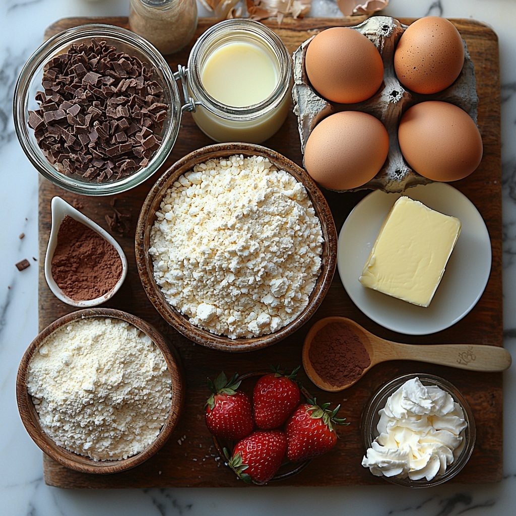 Main ingredients neatly arranged on a clean white marble surface: a small heap of all-purpose flour in a rustic ceramic bowl, granulated sugar in a clear glass jar with some spilled grains nearby, a small wooden dish holding rich, dark unsweetened cocoa powder, a softened block of unsalted butter on a white porcelain plate with a vintage butter knife, three large brown eggs with smooth shells casually placed close together, a clear glass measuring cup filled with creamy milk, a small glass bowl of glossy red strawberry puree, a dollop of fluffy white whipped cream on a decorative white ceramic spoon, a tiny glass jar of amber vanilla extract, a wooden spoon resting on a pile of fine baking powder, and a small heap of coarse salt crystals on a wooden cutting board. The natural light highlights the textures—the powdery softness of cocoa and flour, the smoothness of butter and eggshells, the glossy sheen of strawberry puree, and the airy lightness of whipped cream. Minimal shadows, balanced spacing with some ingredients partially overlapping for an inviting, dynamic composition. overhead shot, top down view, flat lay photography, professional food styling --ar 1:1 --q 2 --s 750 --v 6.1