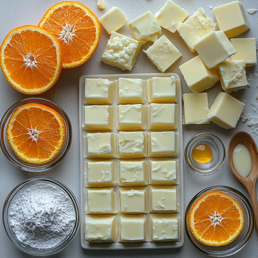 Midjourney prompt:

A clean, bright flat lay of all the main ingredients for Orange Creamsicle Truffles arranged artfully on a smooth white surface. Included are an 8 oz block of smooth, softened cream cheese on a small white plate; a heaping glass bowl of fine, snowy powdered sugar; a bar of glossy, segmented white chocolate broken into pieces; a small bowl of vibrant orange zest with textured, fragrant strands; a tiny dish with a clear orange gel drop glistening; a teaspoon measuring spoon with golden-orange liquid orange extract; a smaller spoon with pale vanilla extract; all ingredients spaced evenly with natural soft shadows, bright natural daylight illuminating the scene to highlight the creamy, powdery, and glossy textures. Some orange zest strands scattered lightly around add a pop of bright color and freshness. The layout is minimalistic yet inviting, styled with careful precision to highlight each ingredient’s unique texture and color contrast. Overhead shot, top down view, flat lay photography, professional food styling --ar 1:1 --q 2 --s 750 --v 6.1