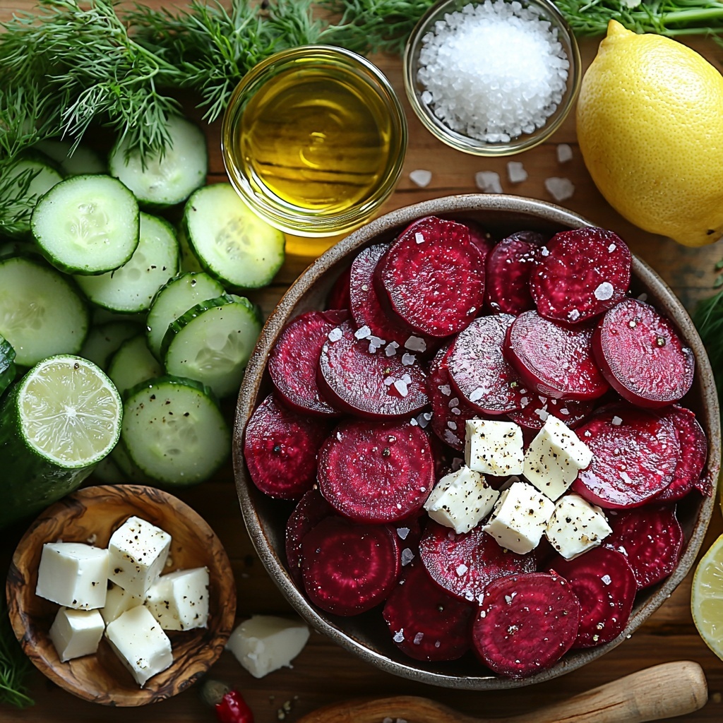 Fresh whole and sliced roasted beets with deep red and earthy textures, bright red canned beets in a small bowl, creamy crumbled white feta cheese scattered in a small dish, crisp light green English cucumber slices arranged in neat rows, a few slender Persian cucumbers whole and sliced showing their pale green flesh, small glass bowls of golden extra virgin olive oil and pale green avocado oil, a halved lemon and lime with vibrant yellow and light green juicy interiors, fresh sprigs of dill and parsley with vivid green leaves, small piles of coarse salt, cracked black pepper, and a pinch of granulated sugar on clean white ceramic spoons, all meticulously spaced on a smooth, clean light wood surface with natural lighting highlighting the contrast and freshness, a soft shadow for depth, styled with minimalistic rustic props such as a linen napkin and wooden-handled utensils nearby, overhead shot, top down view, flat lay photography, professional food styling --ar 1:1 --q 2 --s 750 --v 6.1