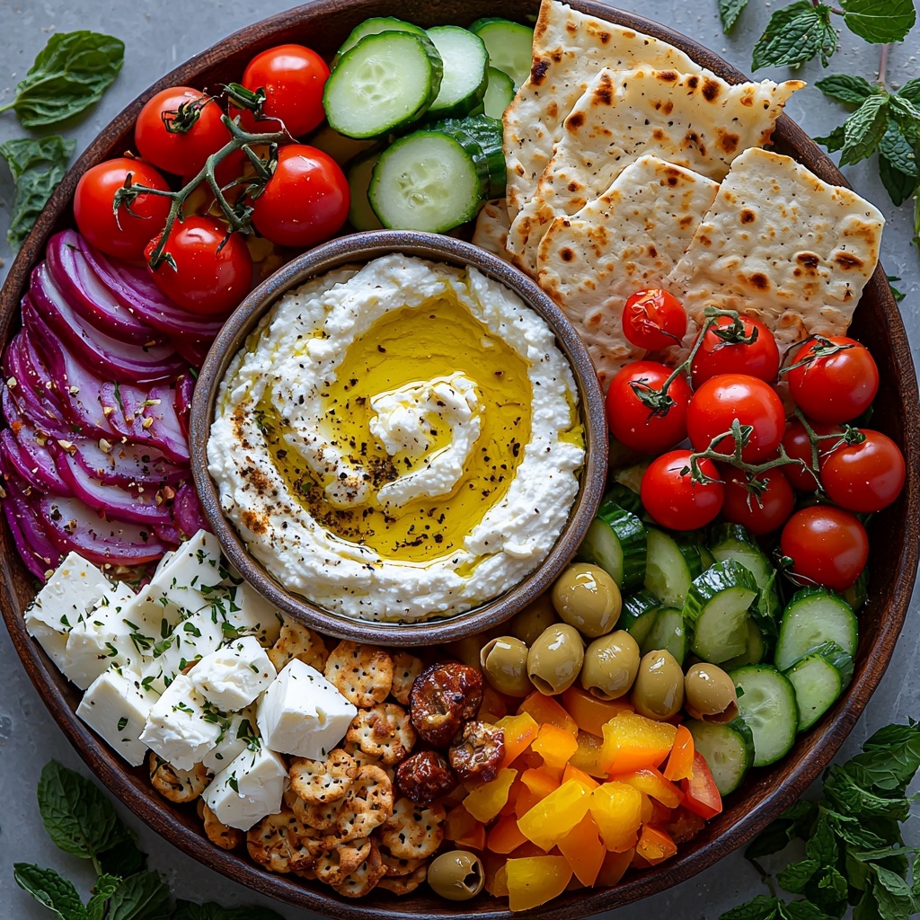 Mediterranean mezze platter flat lay with crumbled white feta cheese, slices of golden-brown halloumi, creamy white goat or cream cheese, smooth beige hummus in a bowl, cool white tzatziki in a small dish, vibrant red cherry tomatoes, fresh green cucumber slices, colorful red, yellow, and orange bell pepper strips, rustic roasted purple eggplant or green zucchini pieces, glossy dark Kalamata and shiny green olives, warm pita bread triangles, assorted mixed crackers and flatbreads, scattered fresh green herbs like parsley, mint, and dill, drizzles of golden olive oil and amber hot honey, sprinkled toasted nuts such as walnuts and pistachios. All ingredients artfully arranged on a clean white surface with natural daylight highlighting textures – the creamy cheeses contrasting with crisp vegetables, the glossy olives and nuts adding shine, and the warm breads balancing the composition. Vibrant colors, varied textures, and inviting rustic elegance create an abundant Mediterranean appetizer spread. Overhead shot, top down view, flat lay photography, professional food styling --ar 1:1 --q 2 --s 750 --v 6.1